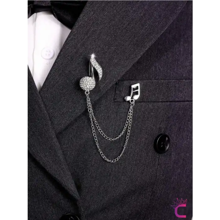Müzik Notası Zirkon Taşlı Zincirli Broş Gümüş - Hediyelik Damat Yaka Zinciri Ceket Kıyafet İğnesi