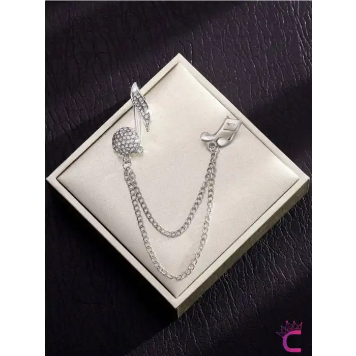 Müzik Notası Zirkon Taşlı Zincirli Broş Gümüş - Hediyelik Damat Yaka Zinciri Ceket Kıyafet İğnesi