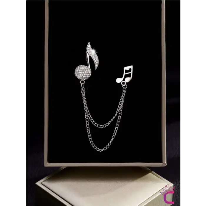 Müzik Notası Zirkon Taşlı Zincirli Broş Gümüş - Hediyelik Damat Yaka Zinciri Ceket Kıyafet İğnesi