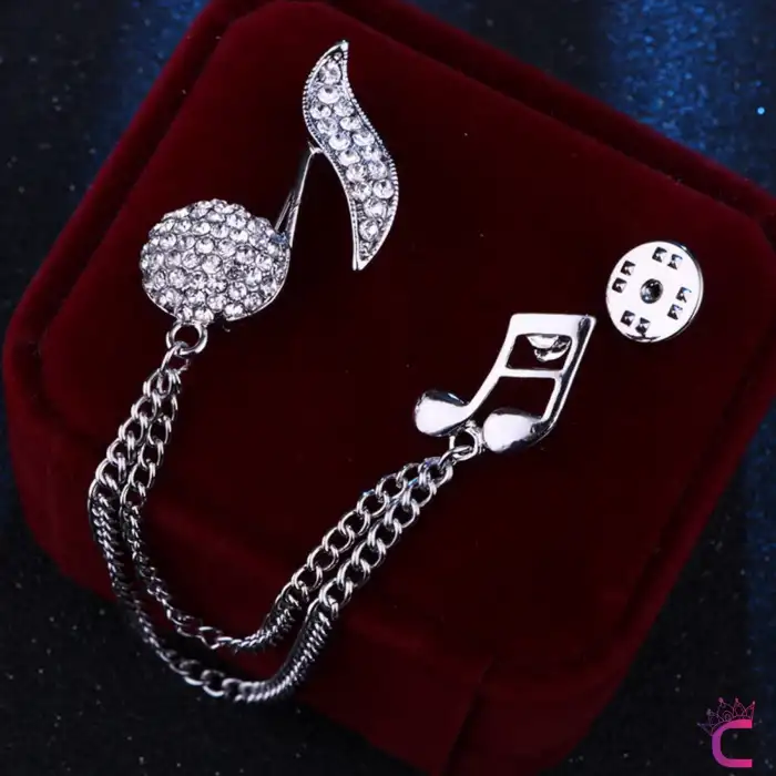 Müzik Notası Zirkon Taşlı Zincirli Broş Gümüş - Hediyelik Damat Yaka Zinciri Ceket Kıyafet İğnesi