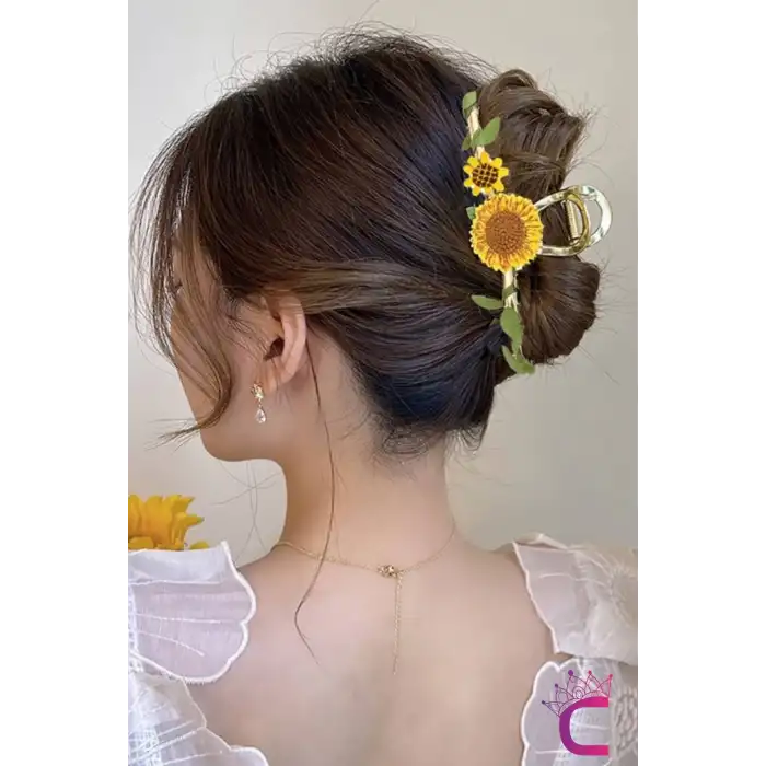 Örgü Ayçiçeği Sarmaşık Yapraklı Tasarım Çiçekli Kadın Mandal Toka Metal Gold - Zarif Saç Tokası