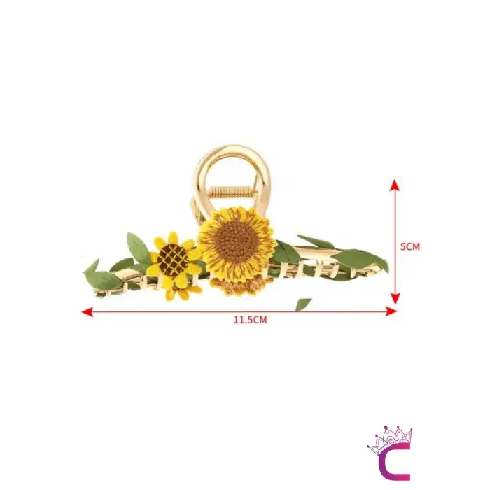 Örgü Ayçiçeği Sarmaşık Yapraklı Tasarım Çiçekli Kadın Mandal Toka Metal Gold - Zarif Saç Tokası