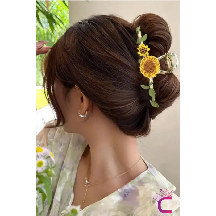 Örgü Ayçiçeği Sarmaşık Yapraklı Tasarım Çiçekli Kadın Mandal Toka Metal Gold - Zarif Saç Tokası