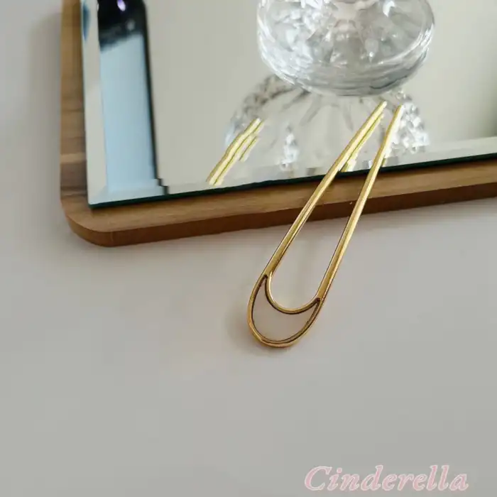 Oval Beyaz Detaylı Metal Topuz Tokası - Çubuk Saç Tokası - Saç Çubuğu