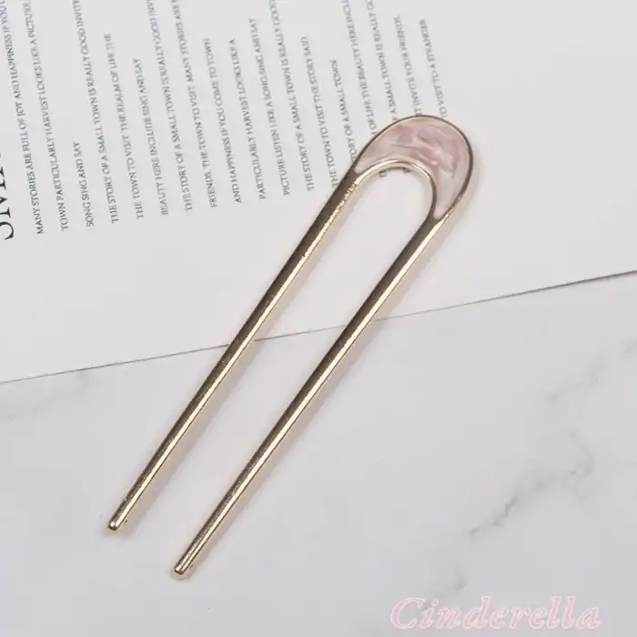 Oval Pembe & Beyaz Detaylı Metal Topuz Tokası - Çubuk Saç Tokası - Saç Çubuğu