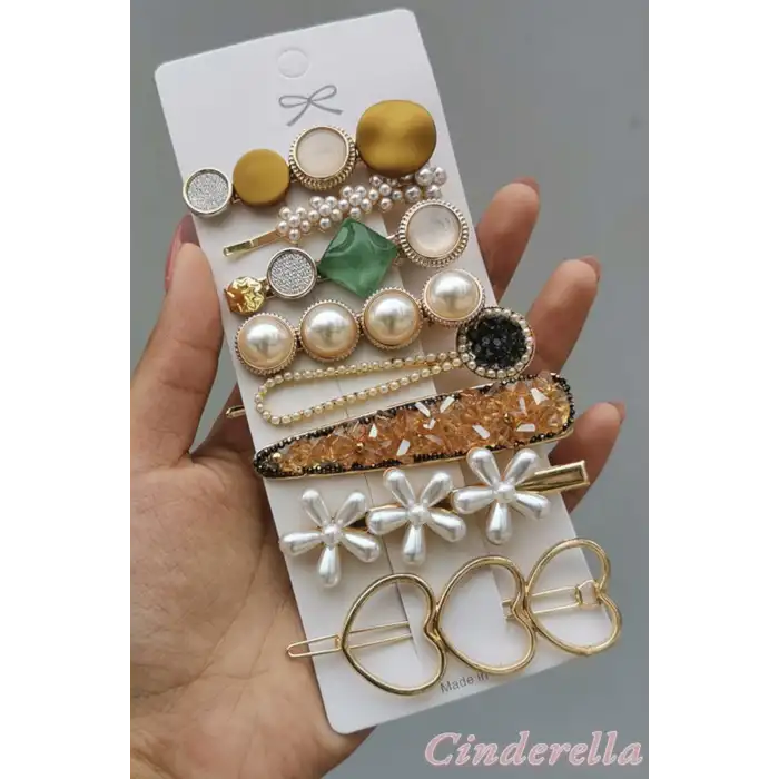 Özel 8li Kadın İç İçe Kalpli İnci Taşlı Toka Seti - Yeni Sezon Pens Çıtçıtlı Klips Yan Saç Tokası