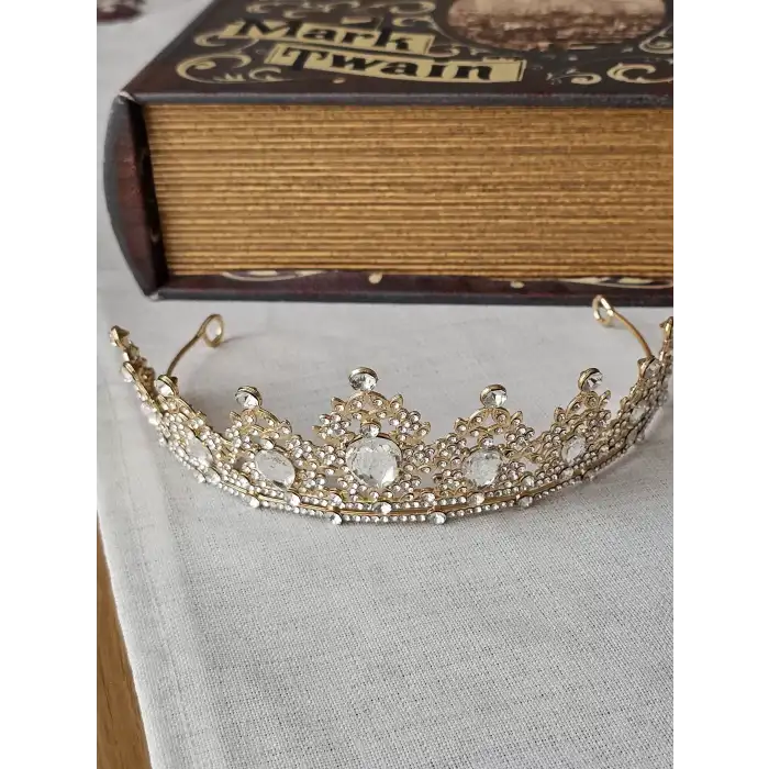 Özel Seri Kristal Su Damlası Zirkon Taşlı Prenses Gelin Tacı Gold - Kraliçe Helen Düğün Nikah Taç