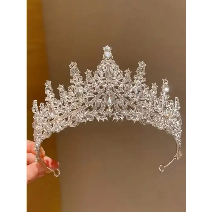 Özel Seri Zirkon İşlemeli Kristal Taşlı Prenses Gelin Tacı Gümüş - Kraliçe Helen Düğün Nişan Taç