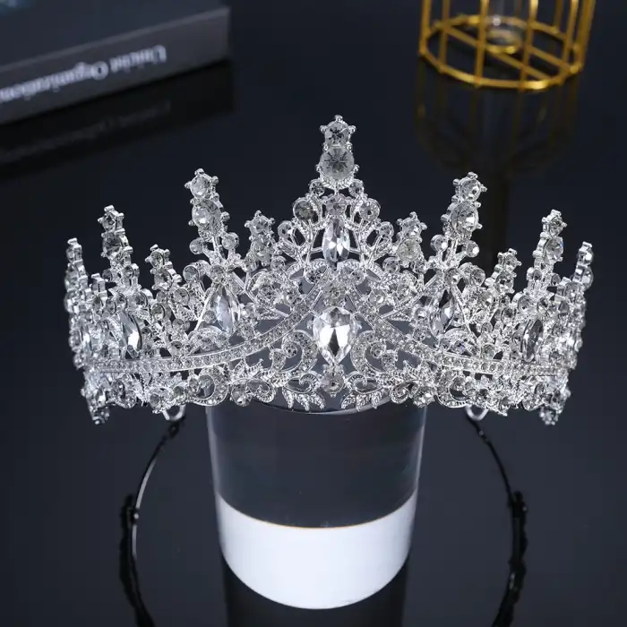 Özel Seri Zirkon İşlemeli Kristal Taşlı Prenses Gelin Tacı Gümüş - Kraliçe Helen Düğün Nişan Taç