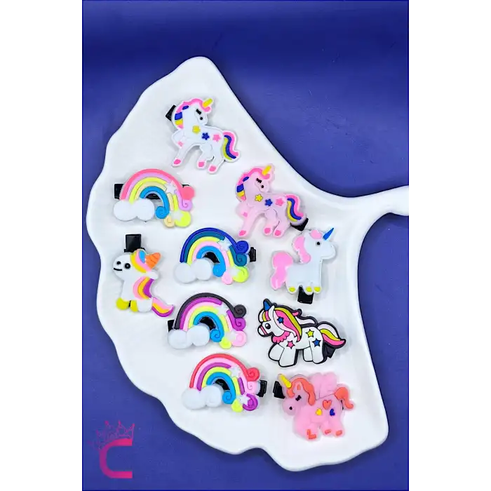 10lu Unicorn Gökkuşağı Tasarım Kız Çocuk Pens Toka Seti - Sevimli Bebek Saç Tokası Klips Toka
