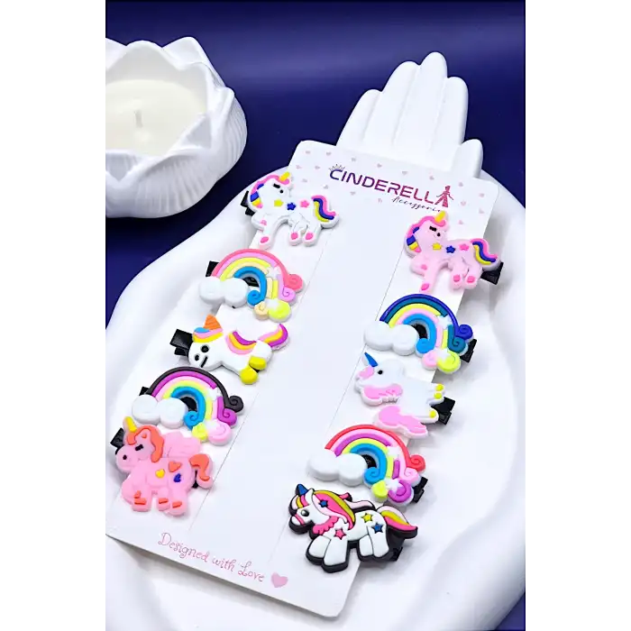 10lu Unicorn Gökkuşağı Tasarım Kız Çocuk Pens Toka Seti - Sevimli Bebek Saç Tokası Klips Toka