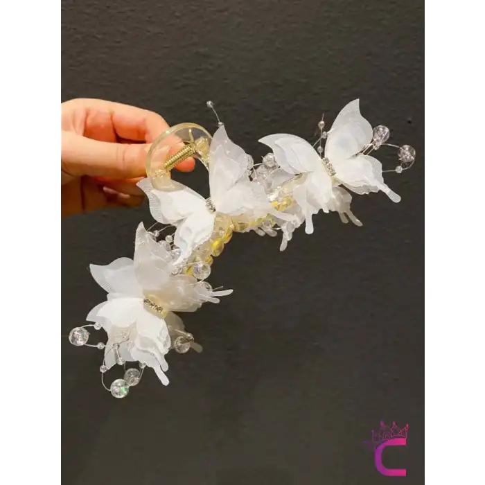 Özel Tasarım Şık Kadın Beyaz Tüllü Taşlı Kelebek Toka 13cm - Büyük Boy Mandallı Saç Topuz Tokası