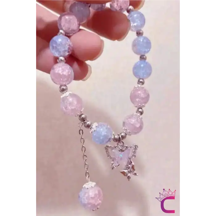 Pembe Aytaşı Boncuklu Zirkon Taşlı Kelebekli Kız Çocuk Bileklik - Hediyelik Takı Aksesuar