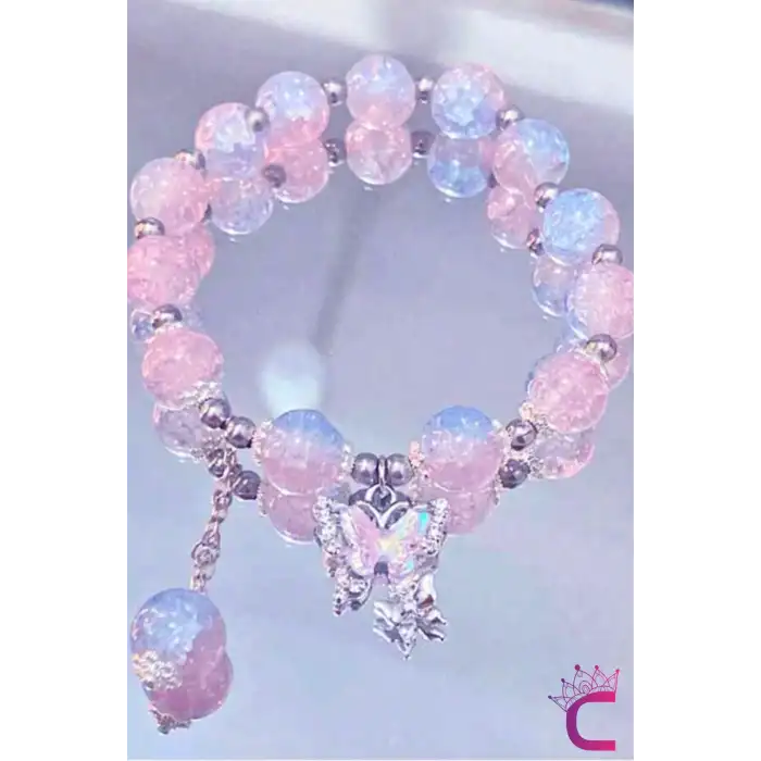 Pembe Aytaşı Boncuklu Zirkon Taşlı Kelebekli Kız Çocuk Bileklik - Hediyelik Takı Aksesuar