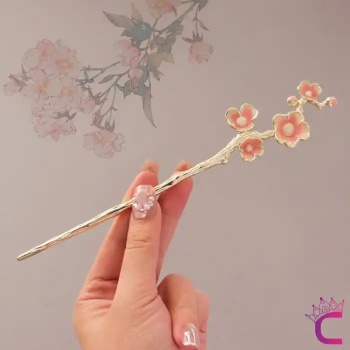 Pembe Çiçek Tomurcuk Tasarım Japon Topuz Çubuğu 18cm - Kadın Metal Saç Topuz Tokası Çubuk Toka