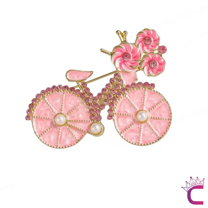 Pembe Çiçekli Kristal Taşlı İncili Bisiklet Tasarım Broş - Hediyelik Tatil Elbise Yaka İğnesi Broşu