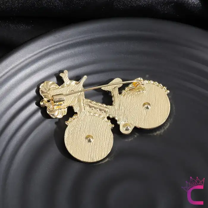 Pembe Çiçekli Kristal Taşlı İncili Bisiklet Tasarım Broş - Hediyelik Tatil Elbise Yaka İğnesi Broşu