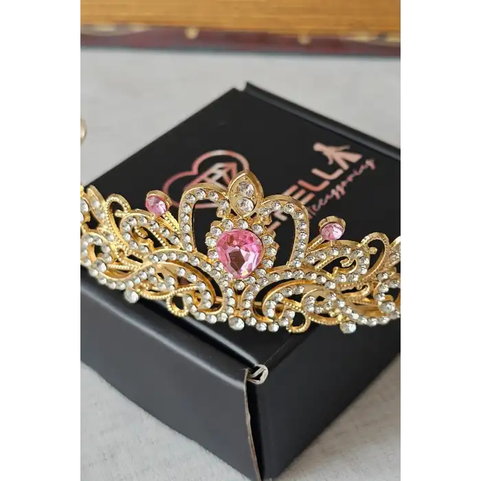 Pembe Kristal Taşlı Zirkon İşlemeli Prenses Gelin Tacı - Düğün Kına Nikah Nişan Söz Doğum Günü Taç