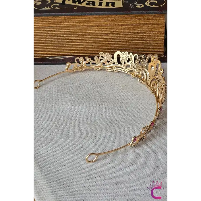 Pembe Kristal Taşlı Zirkon İşlemeli Prenses Gelin Tacı - Düğün Kına Nikah Nişan Söz Doğum Günü Taç