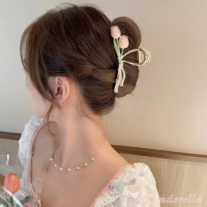 Pembe Lale Çiçekli Model Zarif Kadın Metal Mandal Toka 11cm Gold - Şık Mandallı Saç Topuz Tokası