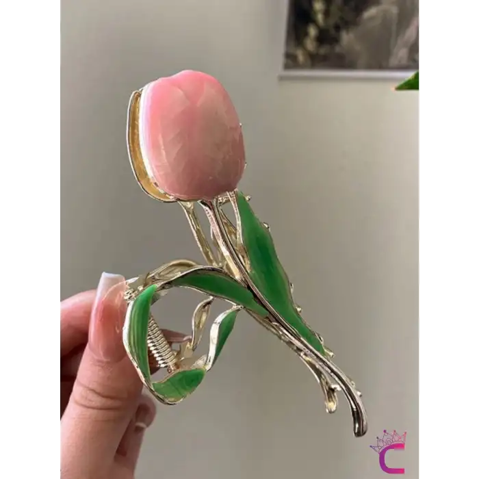 Pembe Lale Çiçekli Tasarım Büyük Kadın Metal Mandal Toka 11.5cm - Zarif Mandallı Saç Topuz Tokası