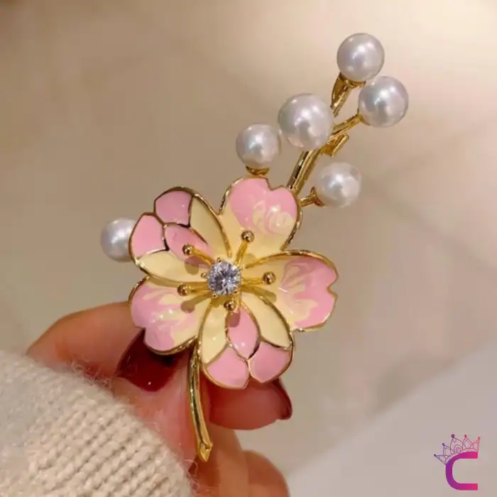 Pembe Sarı Çiçekli Beyaz İncili Zirkon Taşlı Kadın Broş - Hediyelik Elbise Ceket Yaka İğnesi Rozet