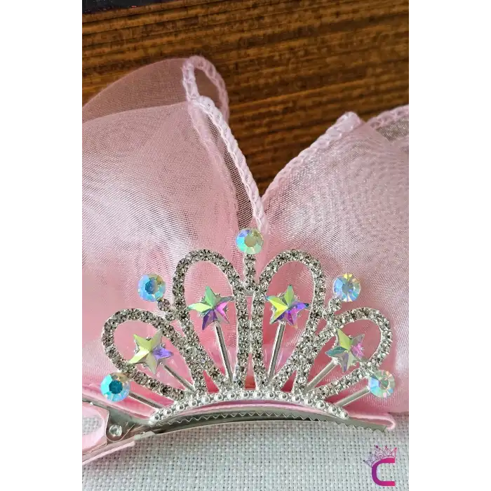 Pembe Yıldızlı Zirkon Taşlı Kız Çocuk Prenses Tacı Pens Toka - Zarif Şık Parti Doğum Günü Saç Tokası
