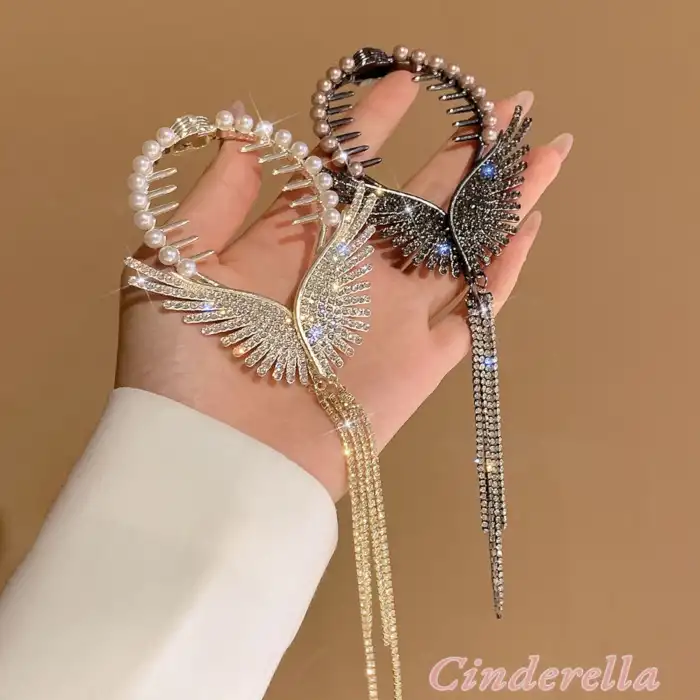 Peri Kanatlı Sallantılı Kristal Taşlı Kadın Yaylı Saç Topuz Tokası Metal Gold - Trend Topuz Toka