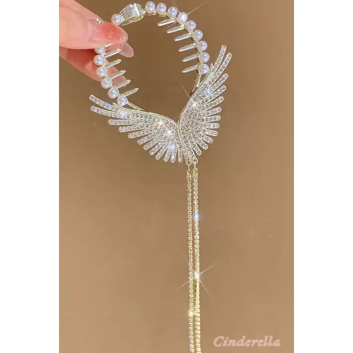 Peri Kanatlı Sallantılı Kristal Taşlı Kadın Yaylı Saç Topuz Tokası Metal Gold - Trend Topuz Toka