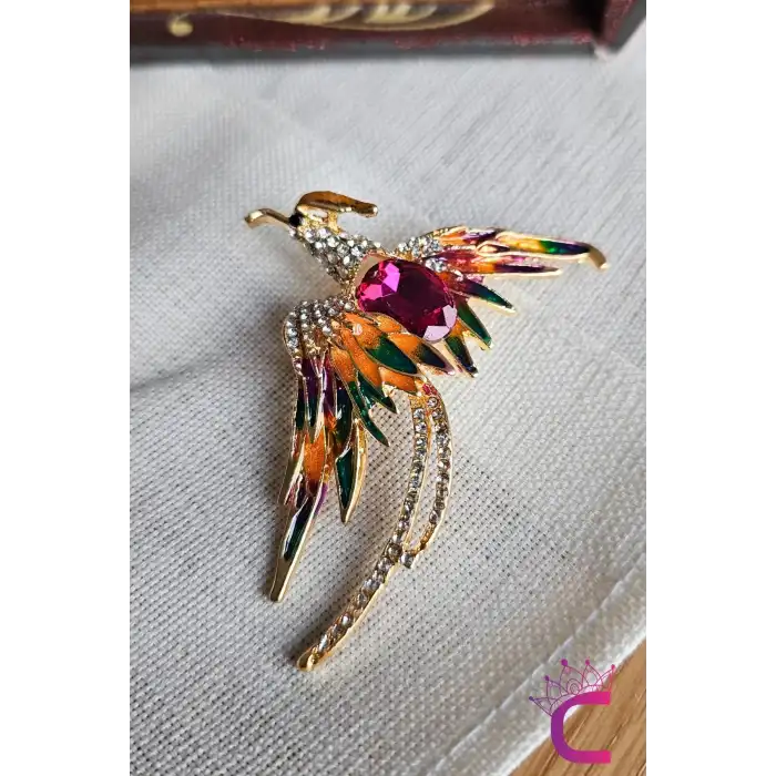 Phoenix Anka Kuşu Özel Tasarım Kristal Taşlı Unisex Broş - Hediyelik Elbise Ceket Yaka İğnesi Broşu