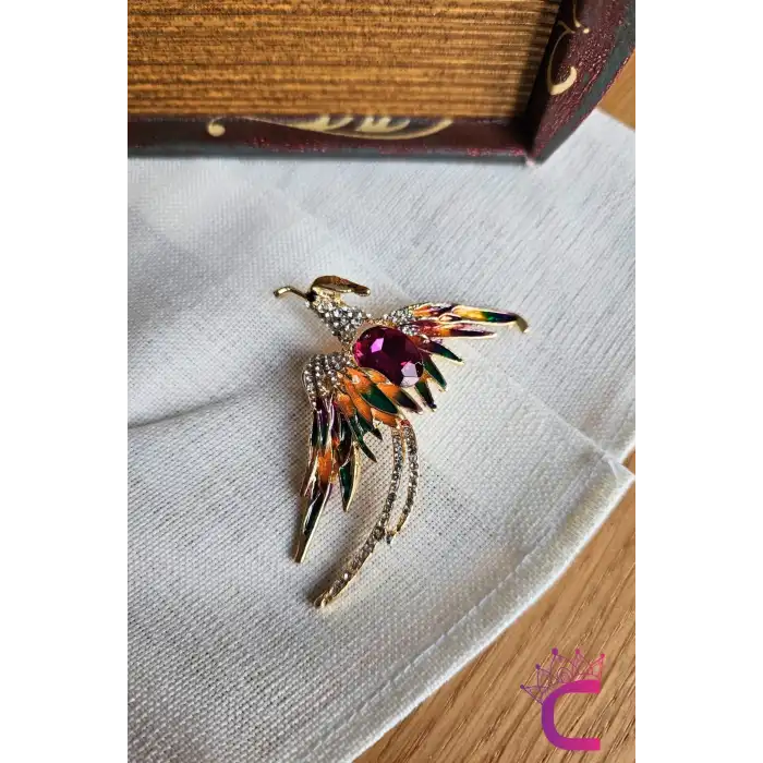 Phoenix Anka Kuşu Özel Tasarım Kristal Taşlı Unisex Broş - Hediyelik Elbise Ceket Yaka İğnesi Broşu