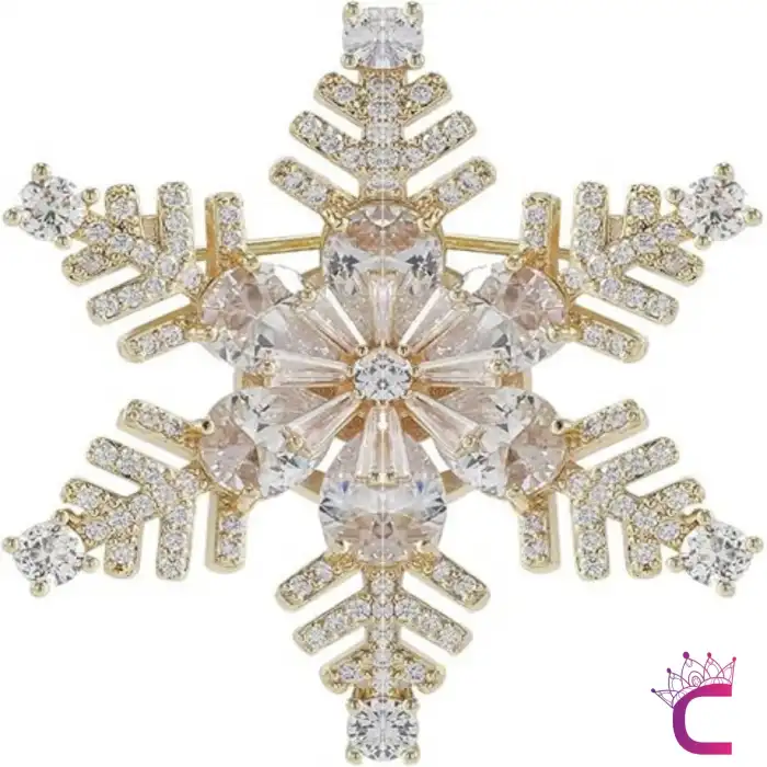 Premium Kar Tanesi Taşlı Kadın Broş Gold - Özel Hediyelik Yılbaşı Doğum Günü Hediyesi Yaka İğnesi