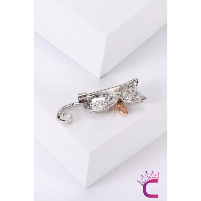 Rhine-Stone Taşlı Kedi Tasarım Kadın Broş - Şık Günlük Kıyafet Elbise Ceket Yaka İğnesi Broşu