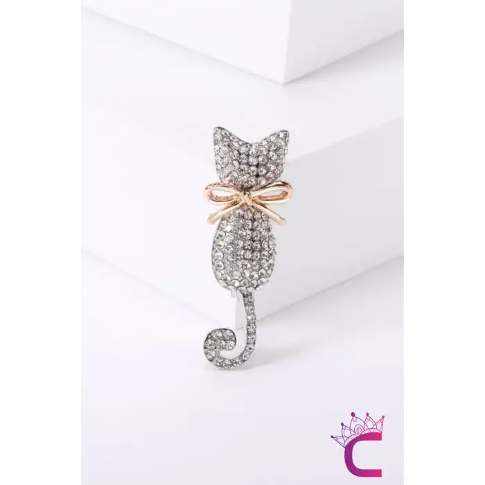 Rhine-Stone Taşlı Kedi Tasarım Kadın Broş - Şık Günlük Kıyafet Elbise Ceket Yaka İğnesi Broşu