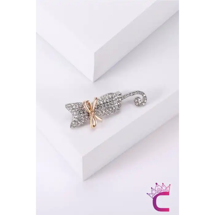 Rhine-Stone Taşlı Kedi Tasarım Kadın Broş - Şık Günlük Kıyafet Elbise Ceket Yaka İğnesi Broşu