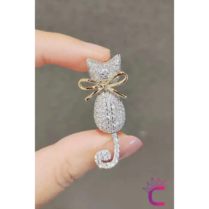 Rhine-Stone Taşlı Kedi Tasarım Kadın Broş - Şık Günlük Kıyafet Elbise Ceket Yaka İğnesi Broşu