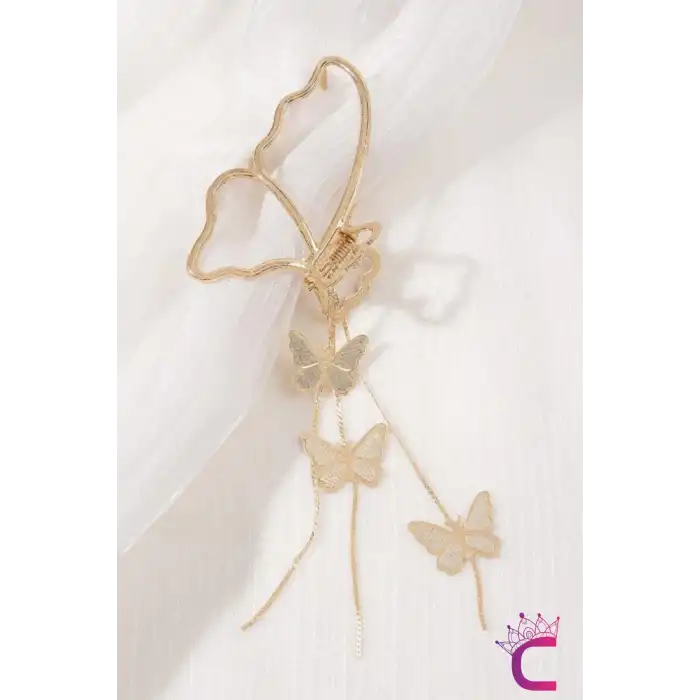 Sallantılı Kelebekli Orta Boy Kadın Metal Mandal Toka 8cm - Zarif ve Şık Mandallı Saç Topuz Tokası