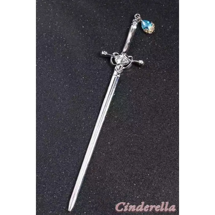 Sallantılı Mavi Yapay Elmaslı Kılıç Tasarım Metal Topuz Tokası 20cm - Kadın Modern Çubuk Saç Toka