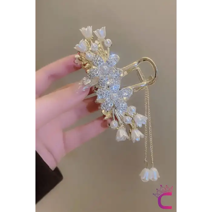 Sallantılı Sedef Çiçekli İncili Taşlı Gold Metal Kadın Mandal Toka 11cm - Mandallı Saç Topuz Tokası