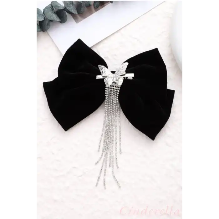 Sallantılı Yapay Elmaslı Kelebekli Kadın Siyah Kadife Fiyonk Toka - Fiyonklu Klips Pens Saç Tokası