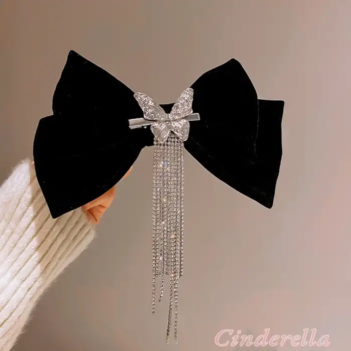 Sallantılı Yapay Elmaslı Kelebekli Kadın Siyah Kadife Fiyonk Toka - Fiyonklu Klips Pens Saç Tokası