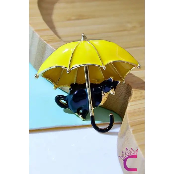 Sarı Şemsiyeli Siyah Kedi Tasarım Broş - Kedili Hediyelik Elbise Ceket Yaka İğnesi Broşu