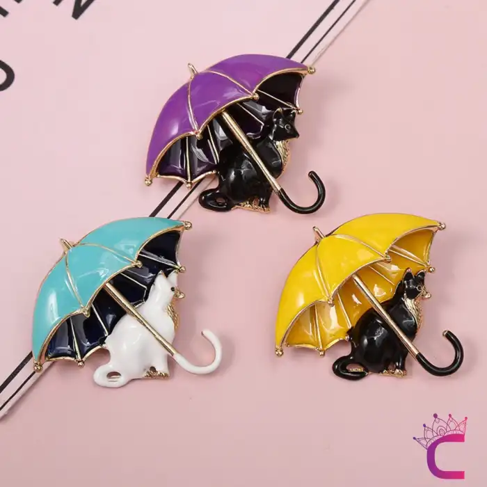 Sarı Şemsiyeli Siyah Kedi Tasarım Broş - Kedili Hediyelik Elbise Ceket Yaka İğnesi Broşu