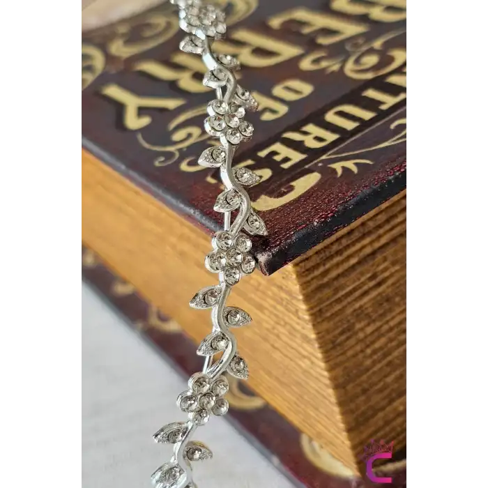 Sarmaşık Yapraklı Çiçekli Zirkon Taşlı Gelin Tacı Gümüş - Düğün Nişan Söz Doğum Günü Taç Saç Bandı