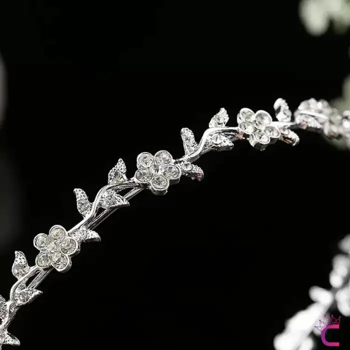 Sarmaşık Yapraklı Çiçekli Zirkon Taşlı Gelin Tacı Gümüş - Düğün Nişan Söz Doğum Günü Taç Saç Bandı