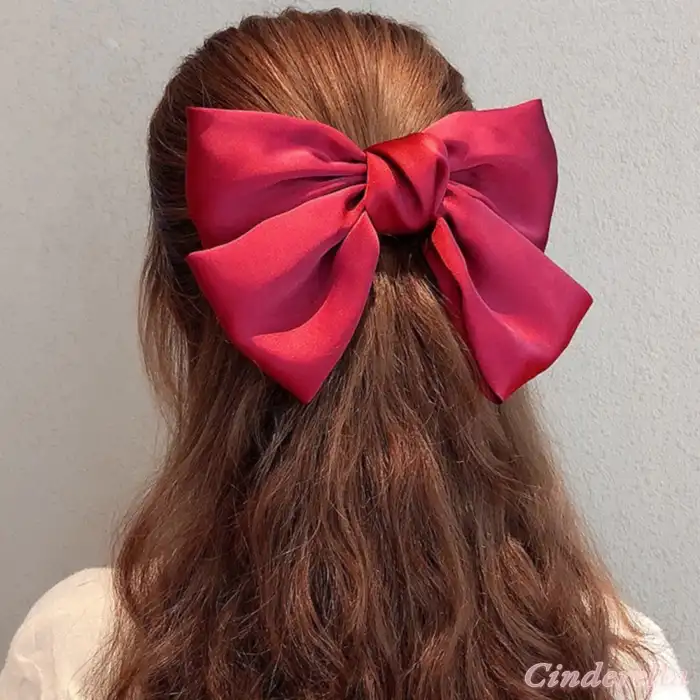 Saten Klasik Model Büyük Fiyonk Otomatik Toka Siyah - Zarif Fiyonklu Kurdele Kadın Saç Tokası