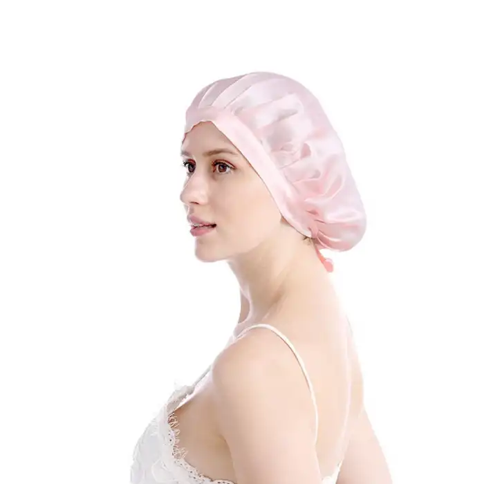 Sertifikalı %100 Saf İpek Saç Bonesi Pembe - Curly Hair Saç Bakım Güzellik Kırışma Uyku Bonesi