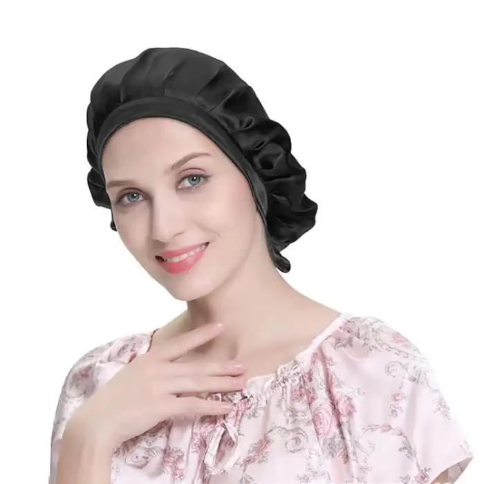 Sertifikalı %100 Saf İpek Saç Bonesi Siyah - Curly Hair Saç Bakım Güzellik Kırışma Uyku Bonesi