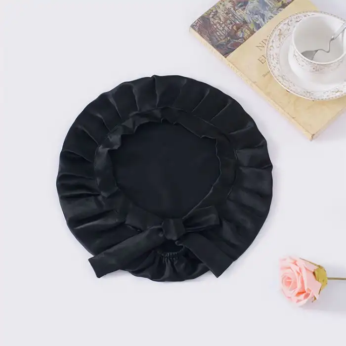 Sertifikalı %100 Saf İpek Saç Bonesi Siyah - Curly Hair Saç Bakım Güzellik Kırışma Uyku Bonesi