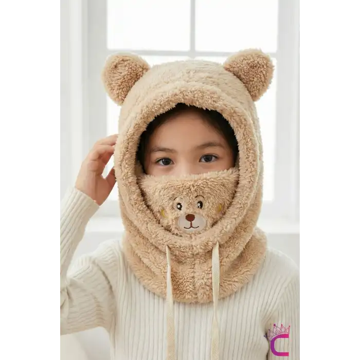 Sevimli Ayıcıklı Yumuşak Peluş Bere Boyunluklu Şapka Atkı Bir Arada Bej 3-12 Yaş Kışlık Hediyelik